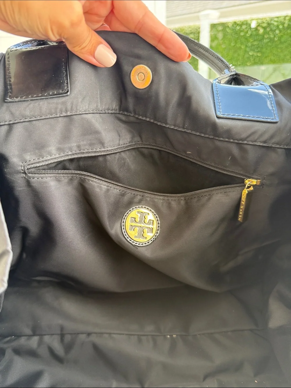 Tory Burch Black Nylon Tote with Patent Logo Detail
